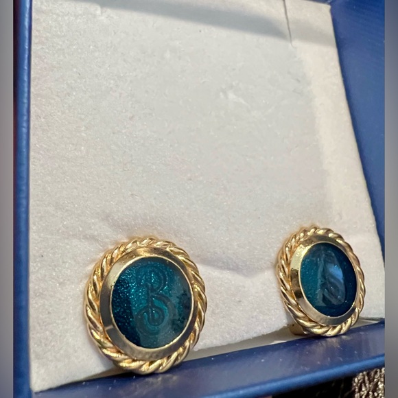 Burberrys Clip Earrings, Teal, Gold Tone - Picture 2 of 5